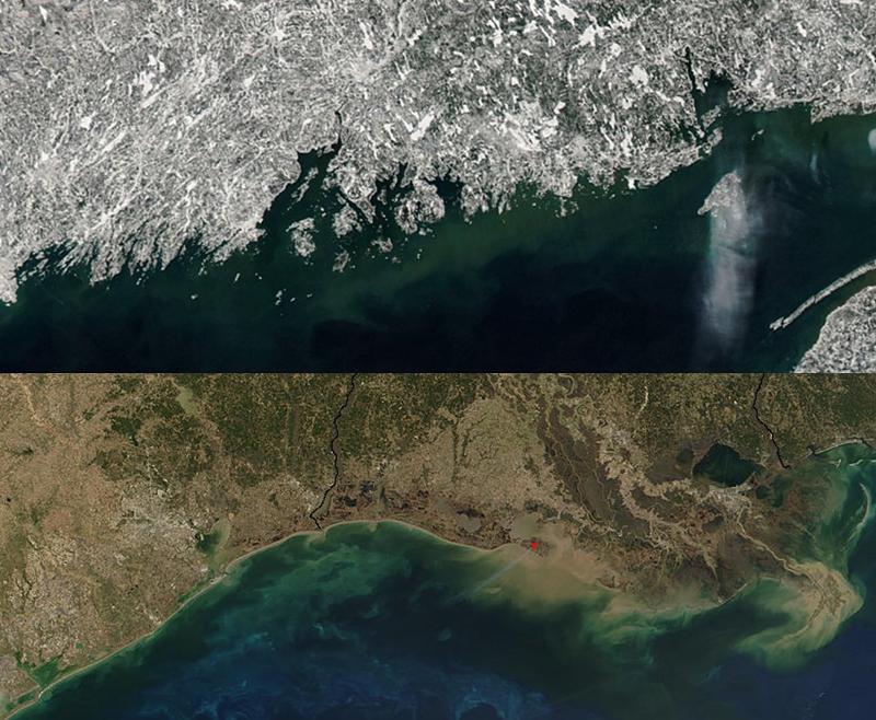 Comparison satellite images of two different shorelines, one with a rough coastline and one with a smooth coastline